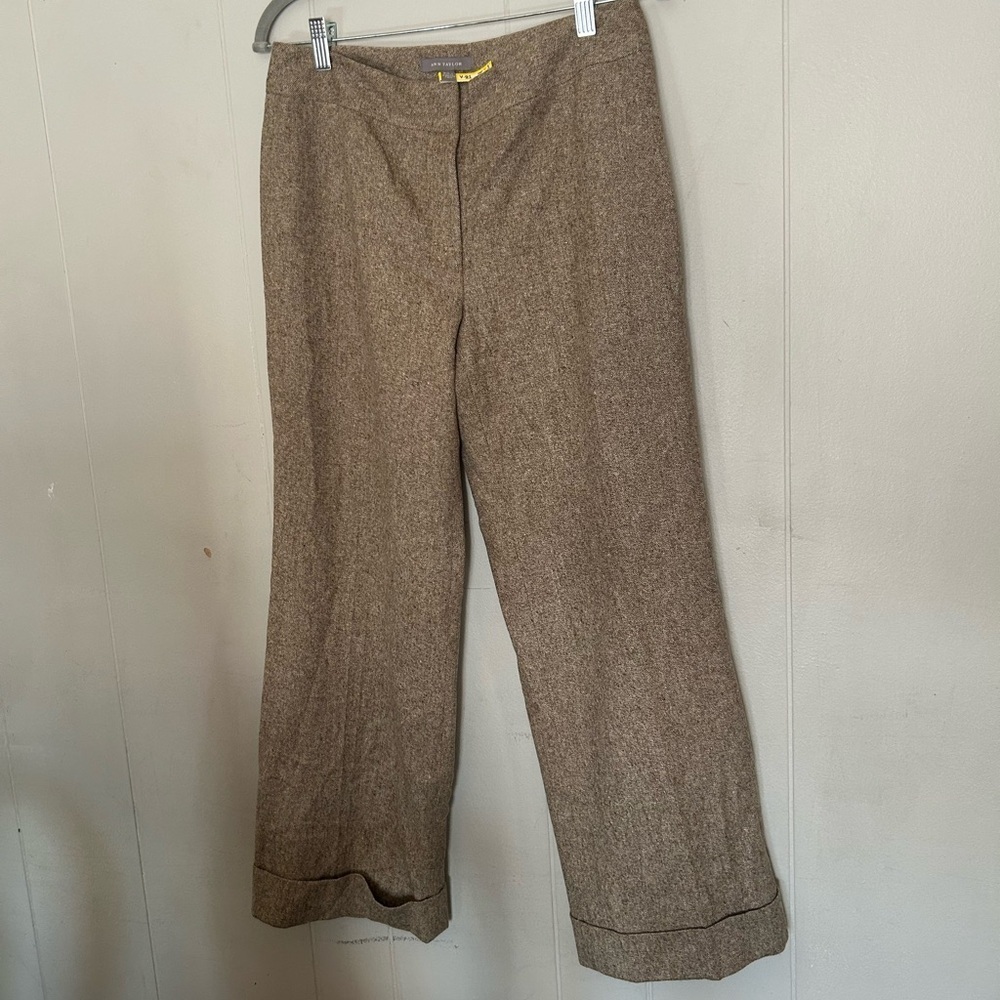 Ann Taylor Brown Tweed Cropped Wide Leg Pants Cuffed Hem (No Size Tag)
